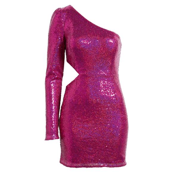 Lulus Pink Sequin One Shoulder Sparkly Shimmer Cutout Cocktail Mini Dress Size S - Picture 15 of 16